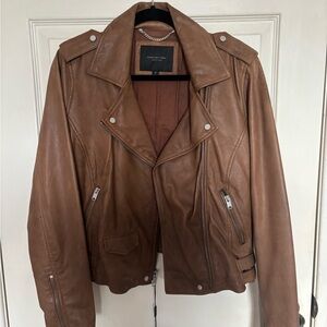 Marc New York Cognac Leather Bomber-Style Moto Jacket
